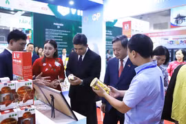 El embajador de Vietnam en Laos, Nguyen Minh Tam, y el viceministro de Industria y Comercio de Laos, Phouthavanh Nanthavong, visitan la feria. (Fuente: VNA)