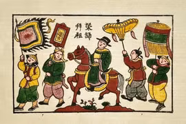 En las pinturas populares de Dong Ho, caballos bellamente decorados llevan a los eruditos exitosos a sus hogares.