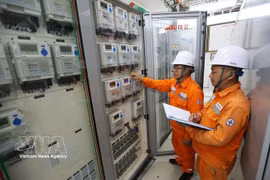 Inspeccionan el sistema de conmutación eléctrica antes del mantenimiento en la subestación en la provincia de Nghe An. (Fuente: VNA)
