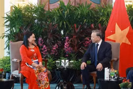 El secretario general del Partido Comunista de Vietnam, To Lam, con Tran Thi Lam, asesora de Shangri-La Healthcare Investment y cofundadora de la empresa medical Hoa Lam Shangri-La. (Fuente: VNA)