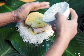 Elaboración de Banh chung. (Fuente: VNA)