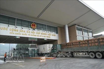Mercancías despachadas de aduana cruzan el Puesto Fronterizo Internacional Kim Thanh - Lao Cai. (Foto: VNA)