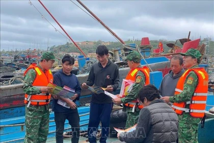 Las tropas de guardia fronteriza coordinan con la guardia costera para realizar propaganda sobre la lucha contra la pesca ilegal, no declarada y no reglamentada en el muelle de Bach Long Vy. (Foto: VNA)