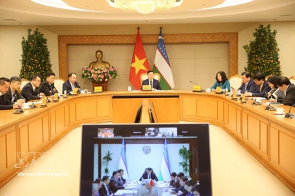 El viceprimer ministro vietnamita Tran Hong Ha durante una reunión en línea con su homólogo uzbeko, Jamshid Khodjaev. (Foto: VNA)