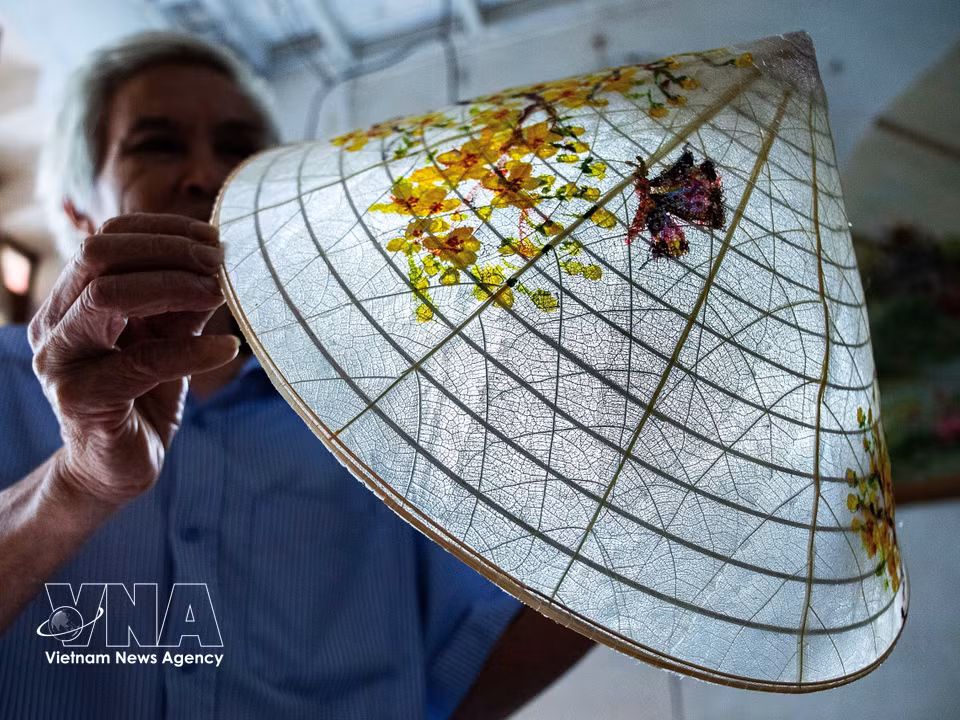 El artesano Vo Ngoc Hung ha dedicado muchos años a investigar y experimentar para transformar las hojas de almendro silvestre, aparentemente sin valor, en singulares sombreros transparentes. Foto: VNA