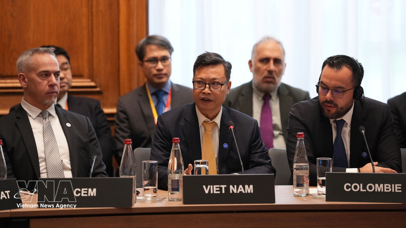 El embajador de Vietnam en Francia, Trinh Duc Hai, pronuncia un discurso en la reunión (Fuente: VNA)
