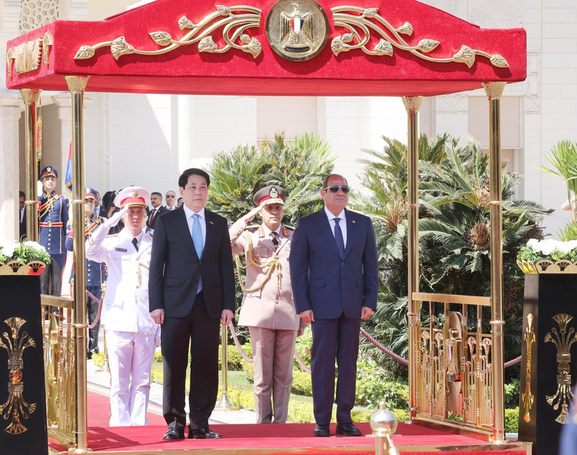 Ceremonia de bienvenida al presidente vietnamita Luong Cuong (izquierda) en Egipto. (Foto: VNA)