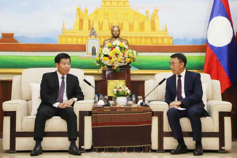 El vicecanciller vietnamita Nguyen Manh Cuong (izquierda) y el jefe interino de la Comisión de Relaciones Exteriores del Comité Central del Partido Popular Revolucionario de Laos, Bounlua Phandanouvong. (Foto: VNA)