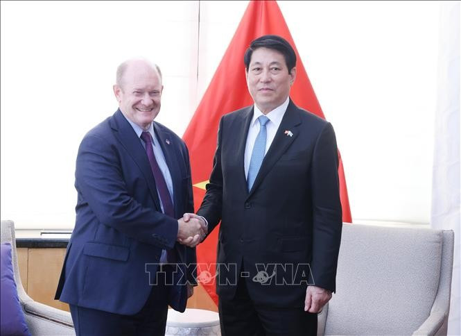 El presidente vietnamita, Luong Cuong, se reúne con el senador estadounidense Chris Coons. (Foto: VNA)