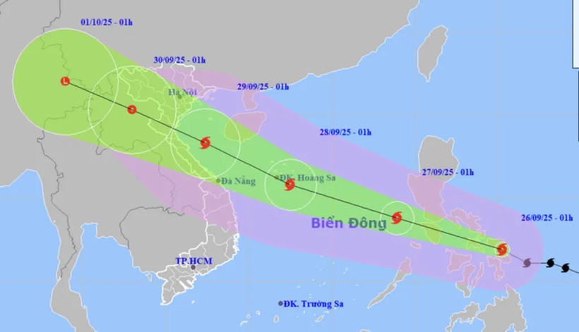 Pronóstico de la ubicación y dirección de la tormenta Bualoi a la 1:00 del 26 de septiembre. (Foto: Centro Nacional de Pronósticos Hidrometeorológicos)