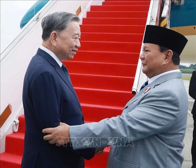 El presidente indonesio y presidente del Partido Movimiento Gran Indonesia (Gerindra), Prabowo Subianto, despide al secretario general del Partido Comunista de Vietnam, To Lam, en el aeropuerto militar Halim Perdanakusuma, en Yakarta. (Foto: VNA)