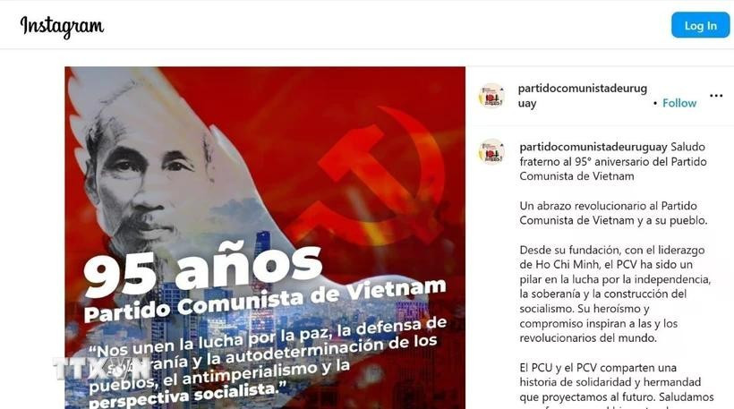 El Partido Comunista de Uruguay felicita el 95 aniversario de la fundación del Partido Comunista de Vietnam en su cuenta de Instagram. (Foto: VNA)