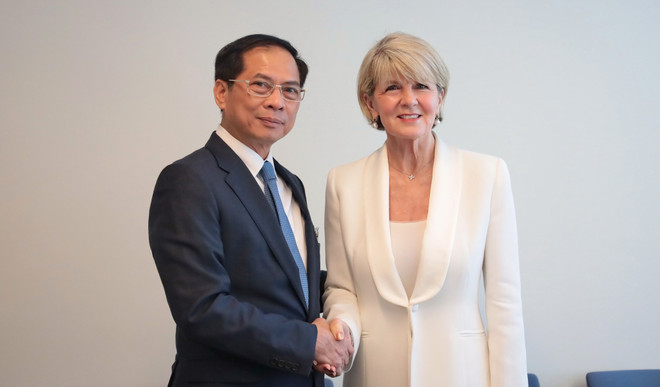 El vicepremier y canciller vietnamita Bui Thanh Son y la enviada especial del Secretario General de la ONU para Myanmar, Julie Bishop (Fuente: VNA) vna_potal_pho_thu_tuong_bo_truong_ngoai_giao_bui_thanh_son_tiep_xuc_song_phuong_ben_le_tuan_le_cap_cao_dhd_lhq_7611111.jpg