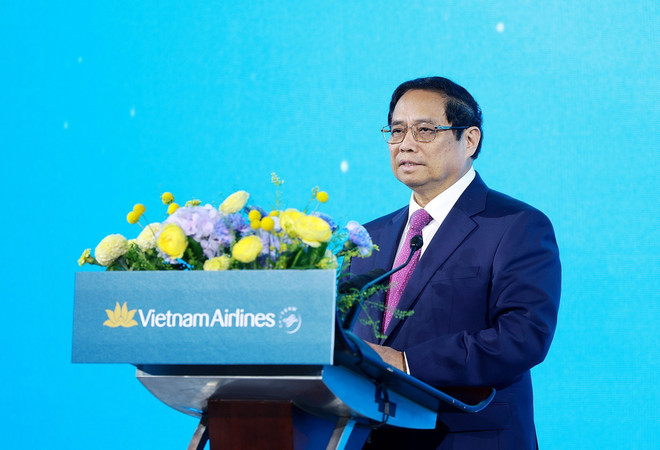 El primer ministro de Vietnam, Pham Minh Chinh, habla en el evento (Fuente: VNA) vna_potal_thu_tuong_pham_minh_chinh_du_le_ky_niem_30_nam_duong_bay_giua_viet_nam_-_han_quoc_7462628.jpg