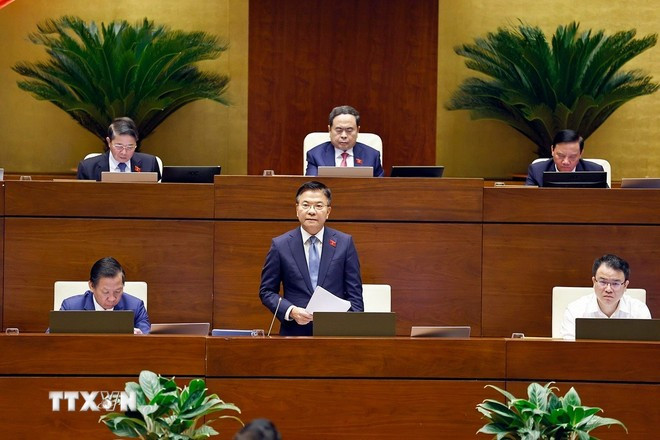El viceprimer ministro de Vietnam Le Thanh Long rinde cuentas ante la Asamblea Nacional. (Foto: VNA)