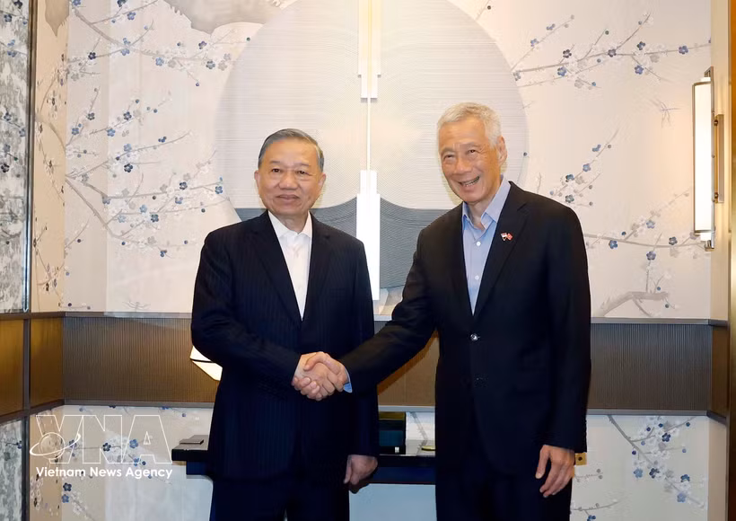 El secretario general del Partido Comunista de Vietnam y presidente de la República, To Lam, y el ministro principal y asesor principal del Partido de Acción Popular (PAP) y exprimer ministro de Singapur, Lee Hsien Loong. (Foto: VNA)
