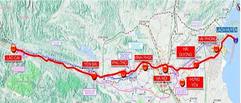 El mapa de la ruta ferroviaria Lao Cai – Hanoi – Hai Phong. (Fuente: baodautu.vn)