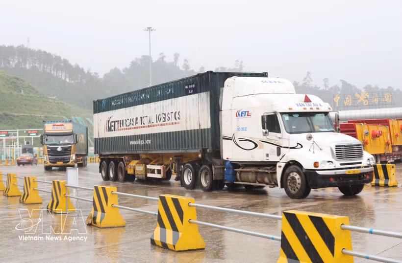 Camiones portacontenedores entran en la zona de carga y descarga. Foto: VNA