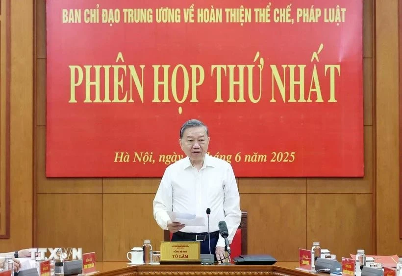El secretario general del Partido Comunista de Vietnam, To Lam, habla en la reunión. (Fuente: VNA)