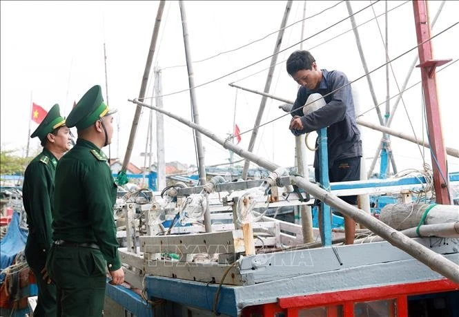 Los guardias fronterizos de la provincia de Phu Yen informan a los pescadores sobre la lucha contra la pesca ilegal en el puerto pesquero de Dong Tac (ciudad de Tuy Hoa). (Fuente: VNA)