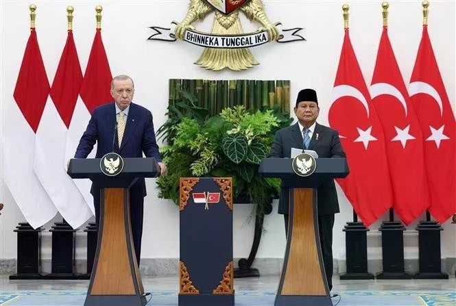 El presidente indonesio, Prabowo Subianto (derecha), y su homólogo turco, Recep Tayyip Erdogan, en una conferencia de prensa conjunta en Bogor el 12 de febrero. (Foto: AA/VNA)