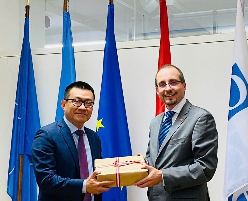 El embajador de Vietnam en Austria, Vu Le Thai Hoang (izquierda), entrega un recuerdo a Arnold Kammel, viceministro permanente de Defensa de Austria. Foto: VNA