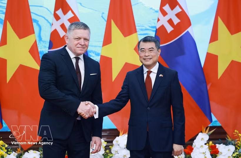 El primer ministro vietnamita, Le Minh Hung, (derecha) y su homólogo de Eslovaquia, Robert Fico. (Fuente: VNA)