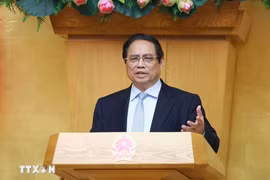 El primer ministro vietnamita, Pham Minh Chinh, interviene en la reunión. (Fuente: VNA)
