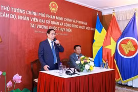 El primer ministro Pham Minh Chinh habla en una reunión con personal de la Embajada de Vietnam y representantes de la comunidad vietnamita en Suecia el 11 de junio. (Foto: VNA)