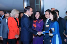 El presidente francés, Emmanuel Macron, y su espoa, son recibidos en el Aeropuerto Internacional de Noi Bai de Hanoi. (Foto: VNA)