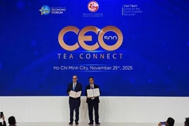 Los representantes de Ciudad Ho Chi Minh y Biance anuncian el Memorando de Entendimiento sobre cooperación para acelerar el desarrollo del Centro Financiero Internacional de Vietnam en Ciudad Ho Chi Minh. (Foto: VNA)