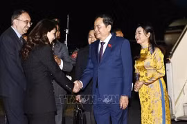 La ceremonia de bienvenida al presidente de la Asamblea Nacional, Tran Thanh Man, y a su esposa en el aeropuerto internacional Zvartnots en Armenia. (Fuente: VNA)