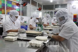 Trabajadores elaboran rollitos de primavera fritos en la empresa alimentaria Kim Ngoc, en el distrito de Tan An, provincia de Tay Ninh. (Foto: VNA)