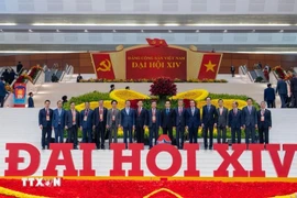 El embajador Trinh Duc Hai (tercero desde la derecha) y otros delegados asistentes al XIV Congreso Nacional del Partido (Foto: VNA)