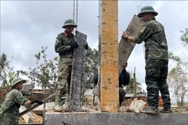 Los soldados de la 315.ª División (Región Militar 5) ayudan a construir y reparar casas dañadas por el tifón número 13 y las inundaciones de noviembre. (Foto: VNA)