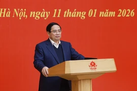 El miembro del Buró Político y secretario del Comité del Partido del Gobierno, el primer ministro Pham Minh Chinh, habla en la conferencia. (Foto: VNA)