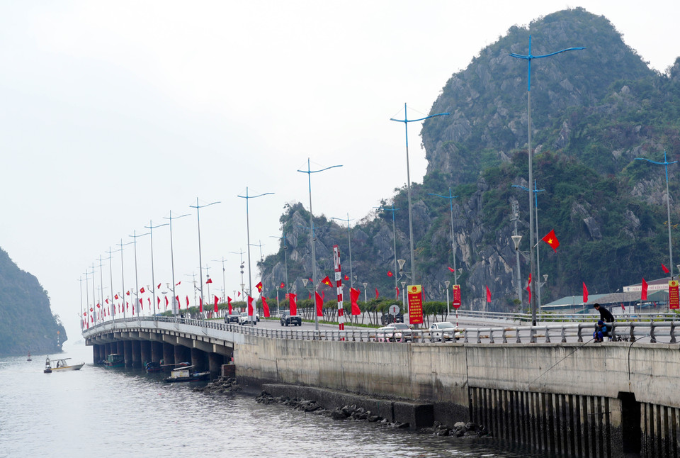 La vía 16 de Abril (barrio Dong Hai, provincia de Khanh Hoa) se engalana con banderas y flores, creando un ambiente de entusiasmo para recibir el XIV Congreso Nacional del Partido. Foto: Nguyen Thanh – VNA