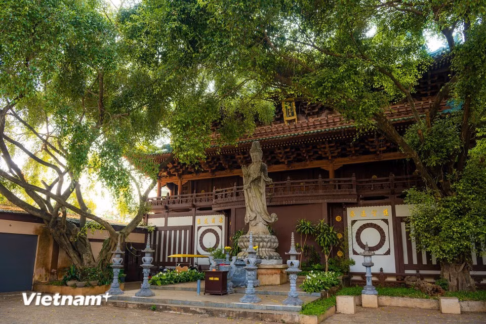 Al ingresar al recinto, la estatua de la Bodhisattva Avalokiteshvara se encuentra en el centro, rodeada de árboles y columnas de piedra que crean un ambiente solemne y al mismo tiempo sereno. (Foto: Vietnam+)