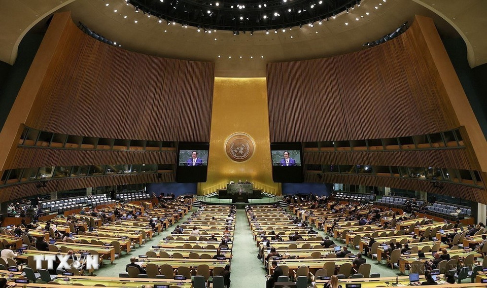 El primer ministro de Vietnam, Pham Minh Chinh, intervino en la sesión de debate general de alto nivel del 78 período de sesiones de la Asamblea General de las Naciones Unidas, celebrada en Nueva York, el 20 de septiembre de 2023. (Foto: VNA)