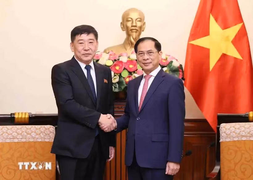 El canciller vietnamita Bui Thanh Son (derecha) recibe al viceministro de Asuntos Exteriores de la República Popular Democrática de Corea (RPDC), Pak Sang Gil. (Fuente: VNA)