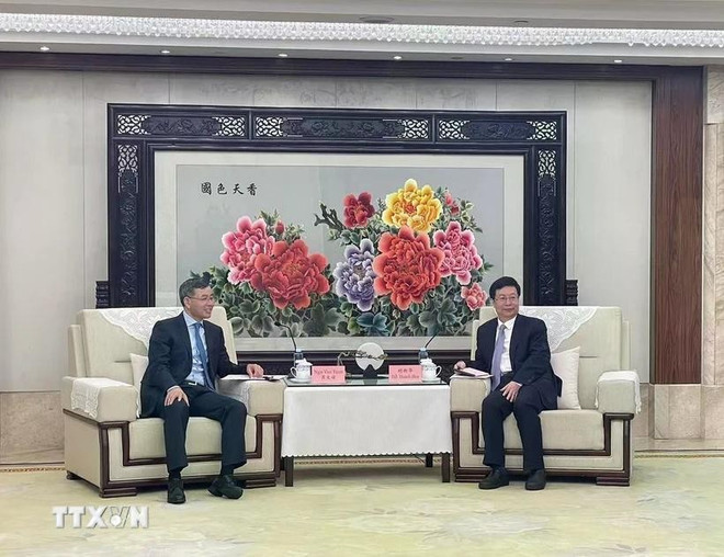 El jefe de la Auditoría Estatal de Vietnam, Ngo Van Tuan, y Hu Henghua, alcalde de la ciudad de Chongqing. (Fuente: VNA) hoanh-hoa.jpg