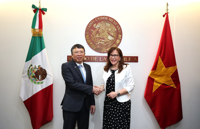 La presidenta de la Comisión de Relaciones Exteriores Asia- Pacífica del Senado de la República de México, Yeidckol Polevnsky Gurwitz, recibe al embajador designado de Vietnam en México, Nguyen Van Hai. (Fuente: VNA) van-hai.jpg