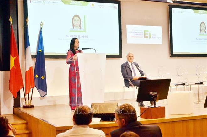 Nguyen Thao Hien, subdirectora del Departamento de Desarrollo de Mercados Exteriores del Ministerio de Industria y Comercio de Vietnam, interviene en el evento. (Fuente: VNA) viet-phap.jpg