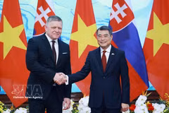 El primer ministro vietnamita, Le Minh Hung, (derecha) y su homólogo de Eslovaquia, Robert Fico. (Fuente: VNA)