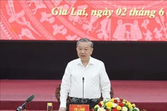 El secretario general del Partido Comunista de Vietnam (PCV), To Lam, interviene en la reunión. (Fuente: VNA)