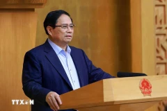 El primer ministro de Vietnam, Pham Minh Chinh, interviene en la reunión. (Fuente: VNA)