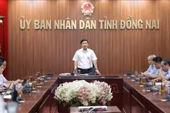 El vicepresidente del Comité Popular de la provincia de Dong Nai, Ho Van Ha, habla en la sesión de trabajo con la Sociedad General de Construcción No 1. (Foto: VNA)