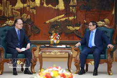 El primer ministro de Vietnam, Pham Minh Chinh, (derecha) recibe al embajador de Rusia en el país, Gennady Bezdetko. (Fuente: VNA)