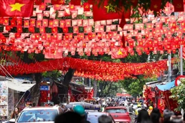 La calle Hang Ma, en el barrio de Hoan Kiem (Hanói), está cubierta de banderas rojas con estrellas doradas. (Fuente: VNA)