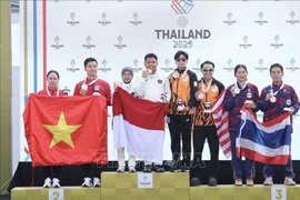 El dúo vietnamita Trinh Thu Vinh – Pham Quang Huy obtuvo la medalla de plata en la prueba de pistola de aire a 10 m por equipos mixtos. (Fuente: VNA)